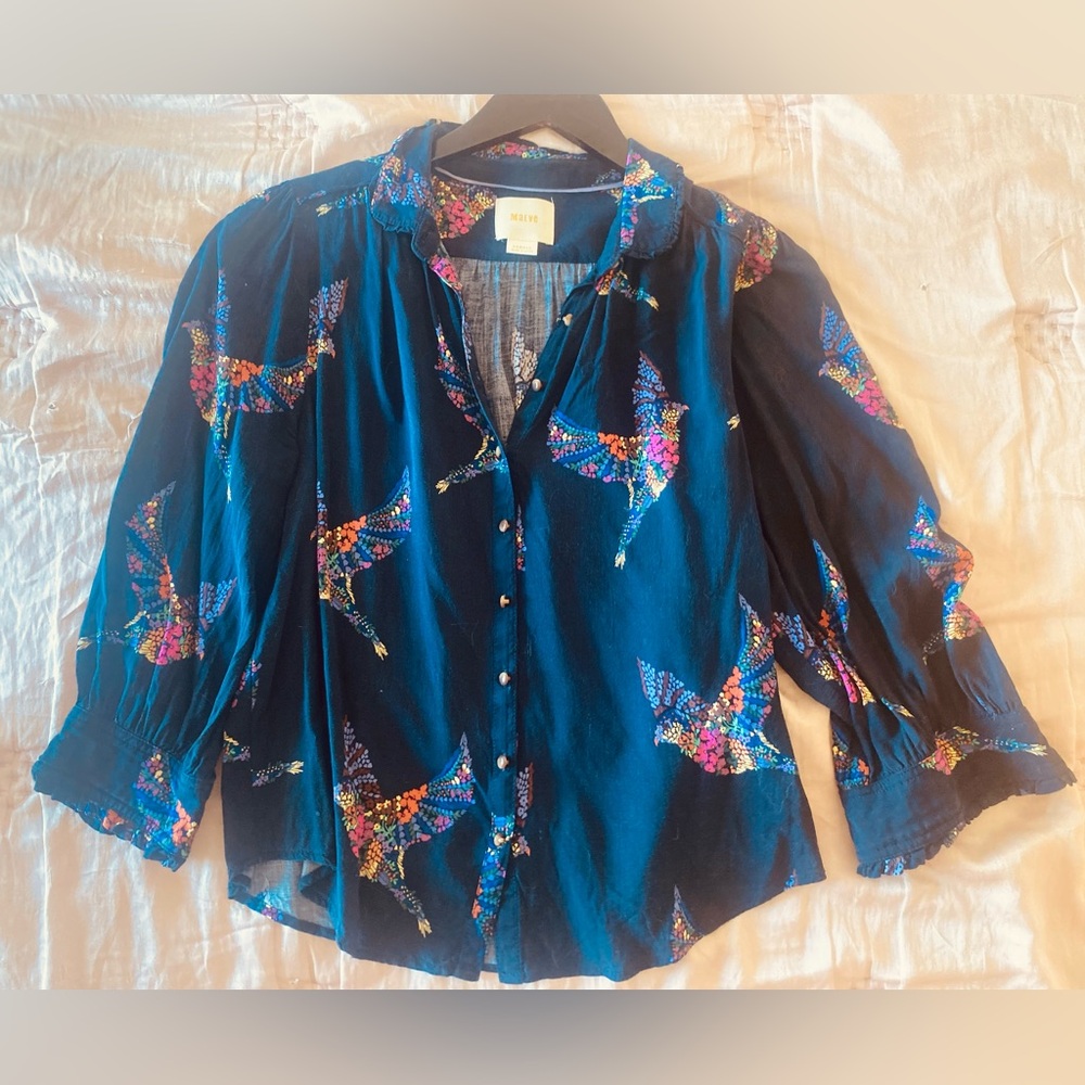 Anthropologie Maeve Navy Blouse with Bird Print